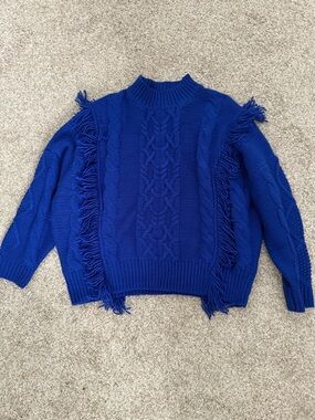 Fringe Cable-Knit Crewneck Sweater - Royal Blue